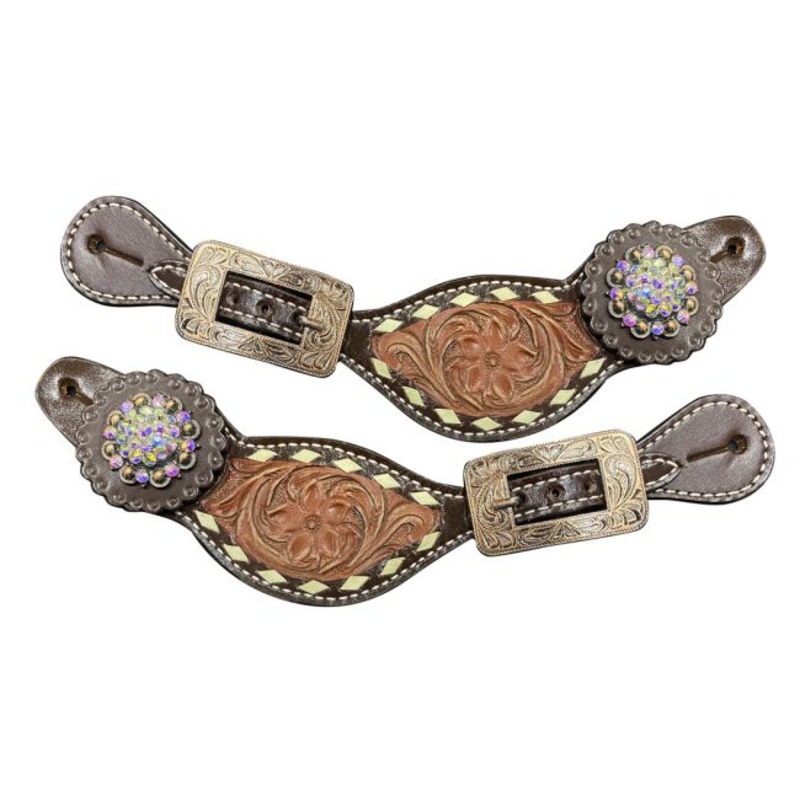 Showman Ladies Size Two-Tone Floral tooled spur straps with rawhide accent