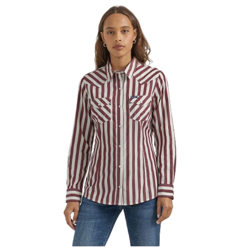 112353111 Wrangler Women’s Western Dress Snap Shirt – Red/White Stripe