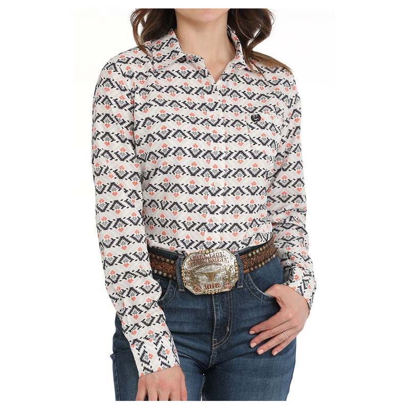MSW9163031 Cinch Women’s ArenaFlex Long Sleeve Western Shirt – White Aztec Print