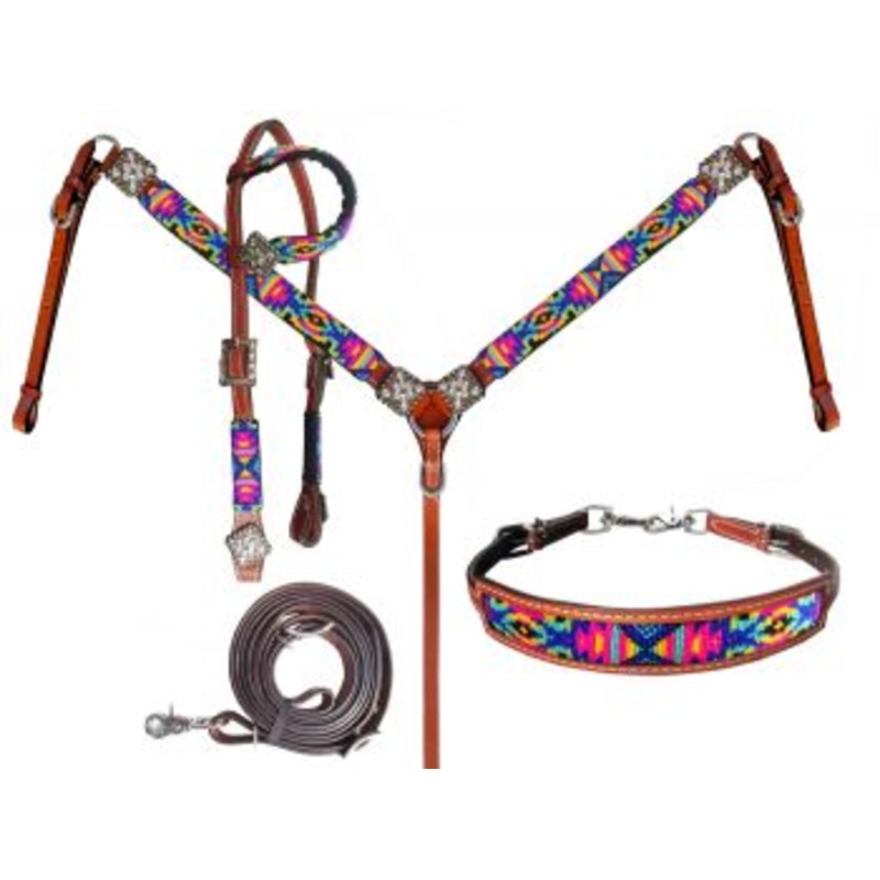 #14239: Showman  Beaded Bright Colored Tribal Design 4 Piece Headstall and Breastcollar Set