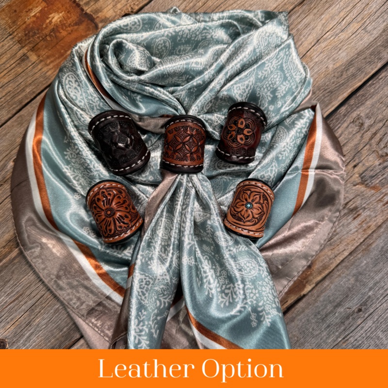 35X35″ Seafoam & Cream Paisley Wild Rag / Scarf WR3410 – Tooled Leather Wild Rag Slides – Assorted