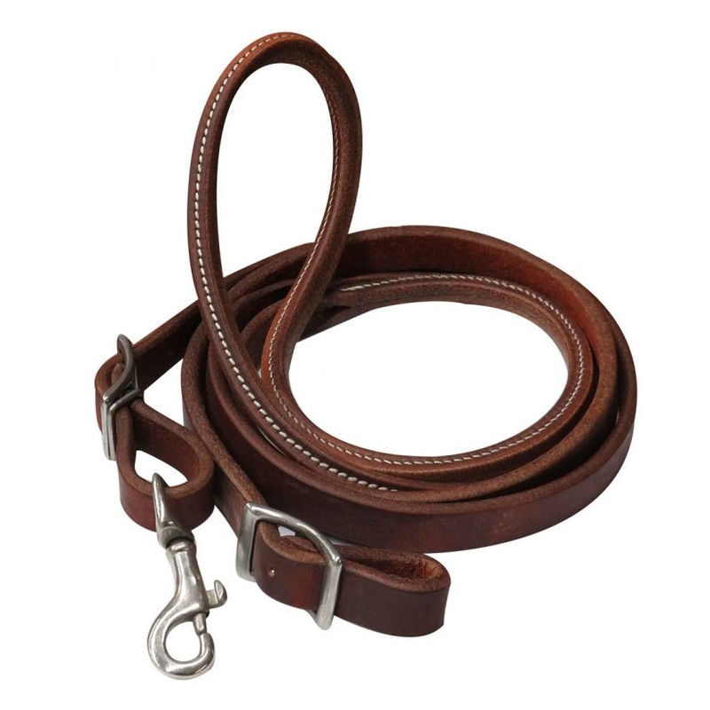 #74047: Showman  7ft heavy oiled harness leather contest rein with rolled center nickel plated sna