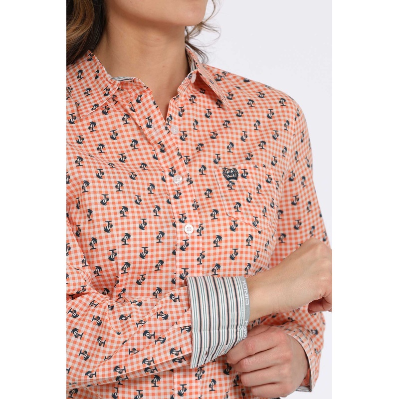 Cinch Womens Orange Print W/ Palm Tree L/S Shirt