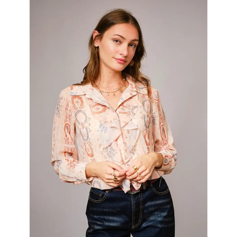 Ruffle Front Western Sheer Blouse