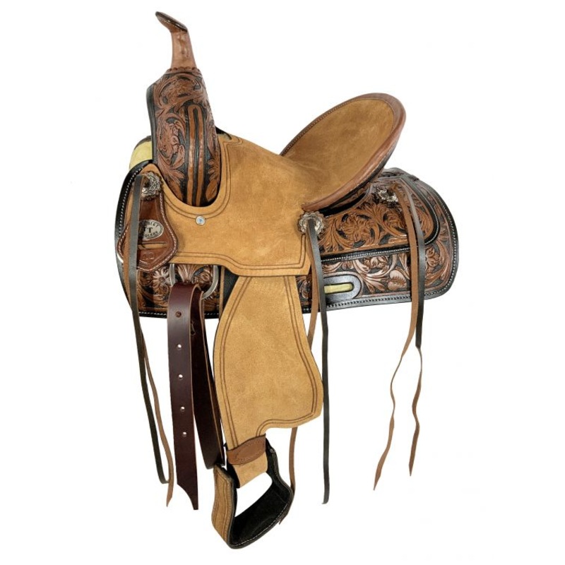 12″ Double T Youth ranch style saddle with Two-Tone floral tooling