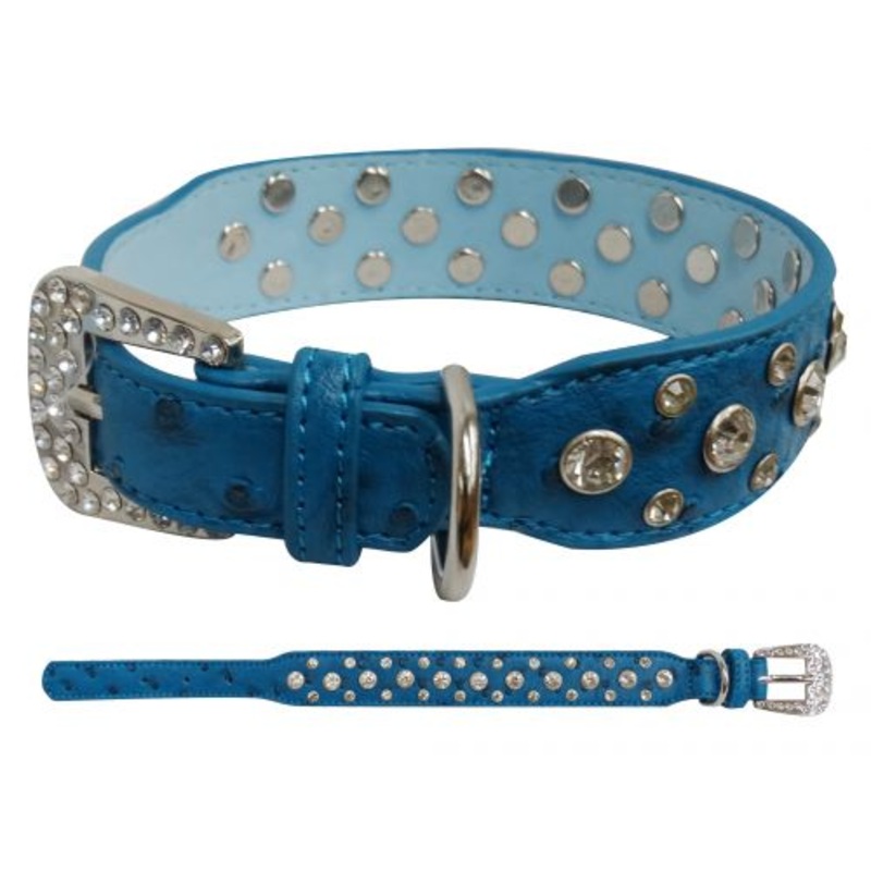 #D004: Showman CoutureBlue faux ostrich leather dog collar with crystal rhinestones