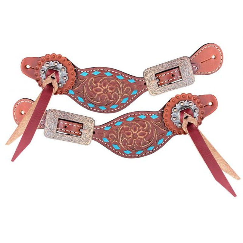 Showman  Ladies Leather spur strap with tooled leather and teal rawhide lacing