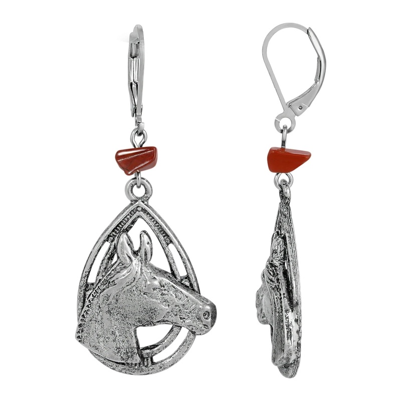 1928 Jewelry Red Jasper Stone Horse Head Earrings