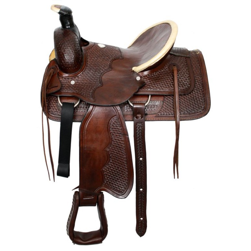#550: Buffalo roper style highback hardseat saddle with basketweave tooling