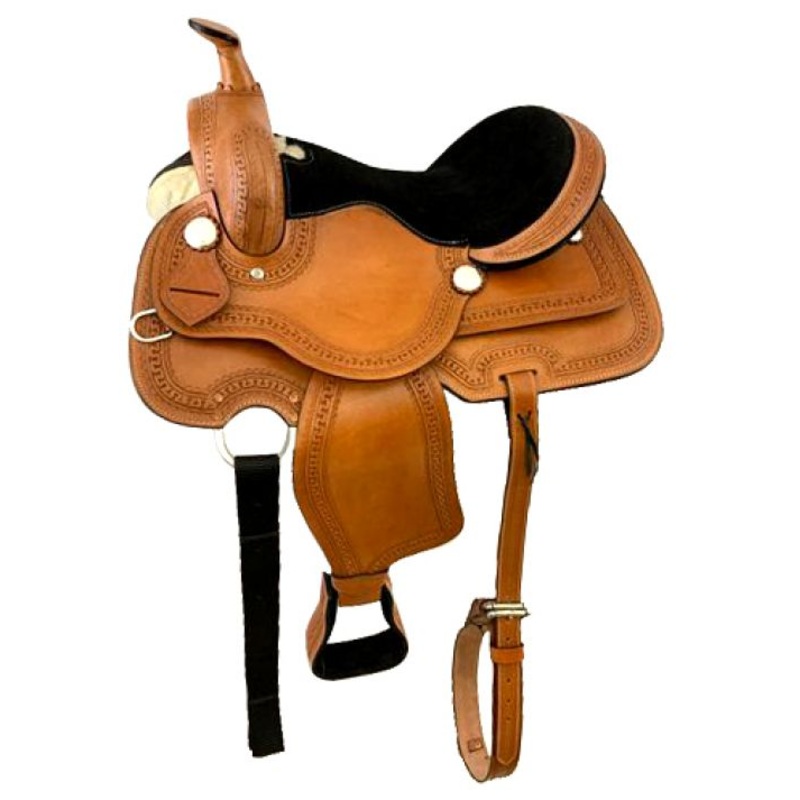 #623316: 16″ Economy style saddle with smooth finish and zig zag tooled border and is accented with
