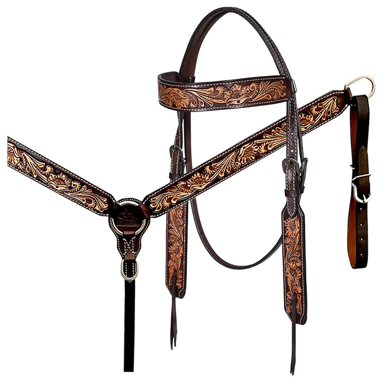 Bar H Equine Western Leather Headstall & Breast Collar Floral Dark Brown