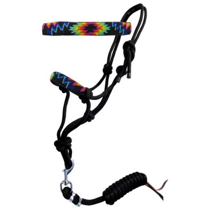 #16509: Showman Rainbow beaded nose cowboy knot rope halter with 7′ lead