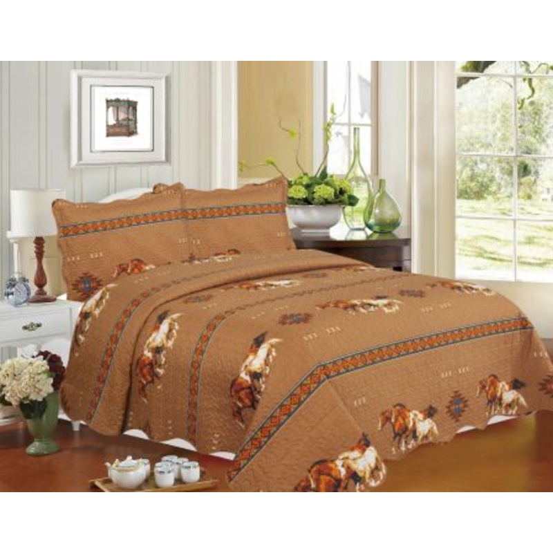 #47436: 3PC Queen Size Quilted Tan Running Horse Quilt Set