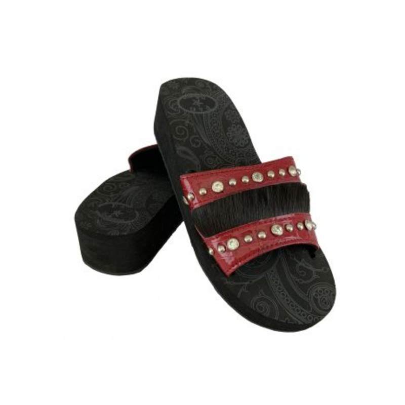 #BA2861-B: Western Bling Wedge Flip Flops with Red Gator and Black Cowhair Inlay with Rhinestones a