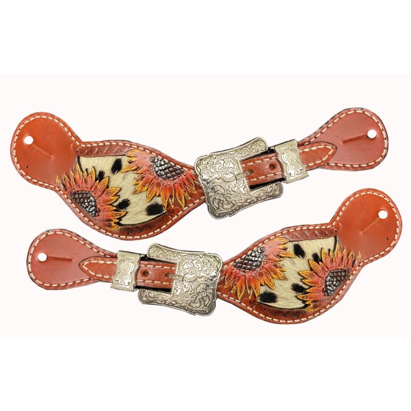 Showman  Ladies spur straps with painted sunflower and hair on cowhide inlay