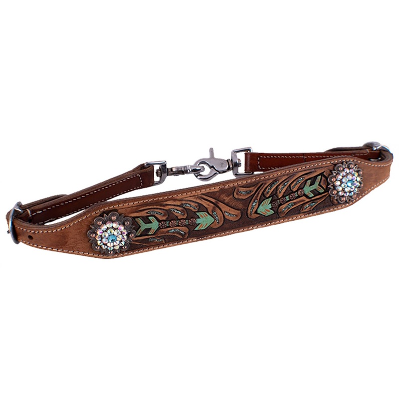 #WS-21: Showman  Hand painted wither strap with turquoise and brown arrow design accented with rhi