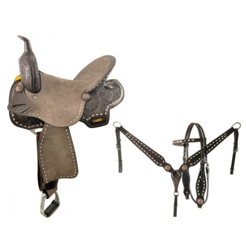 15″, 16″Double T  Barrel style saddle Set with floral tooled skirts.