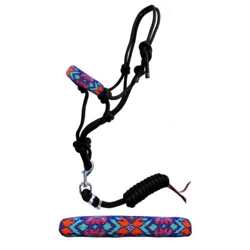 #16414: Showman Pony size rope halter with beaded noseband and removable lead with snap