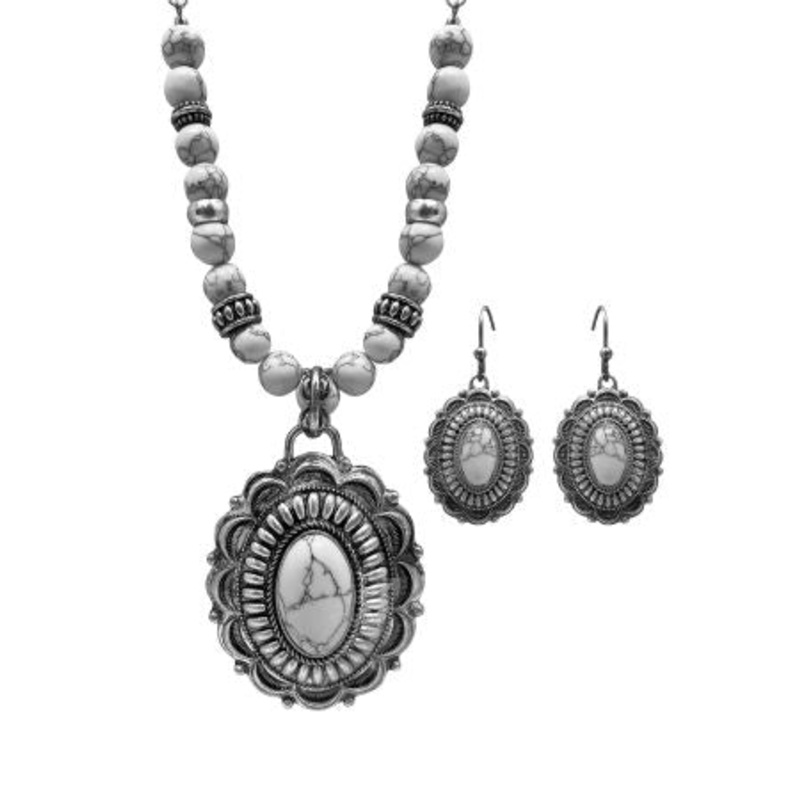 Western Statement Stone Concho Pendant Necklace and Earrings Set