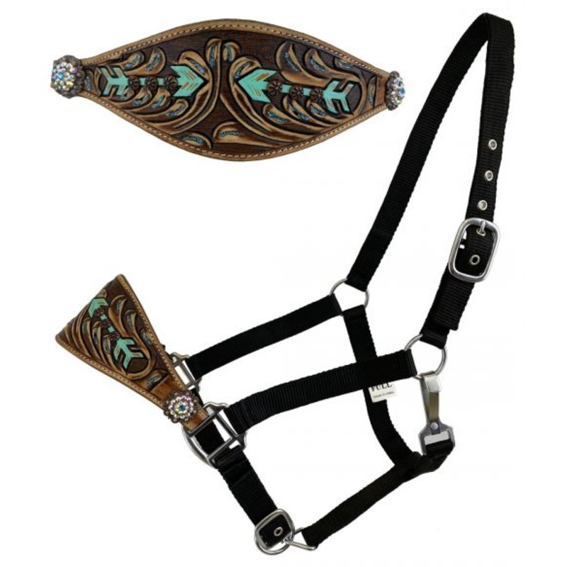 #093: Showman  Adjustable nylon bronc halter with hand painted arrow design nose band on medium l