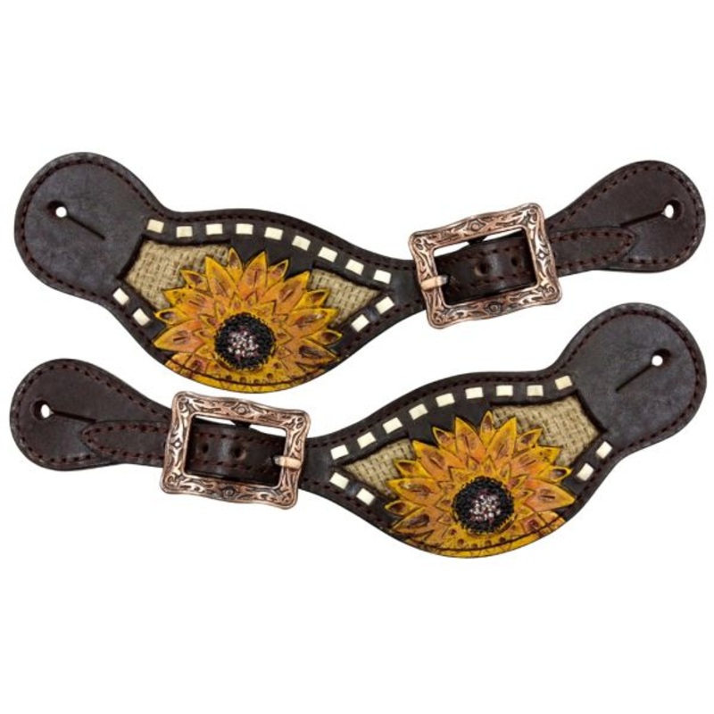 #30963: Showman  Showman Ladies spur straps with painted sunflower with burlap inlay