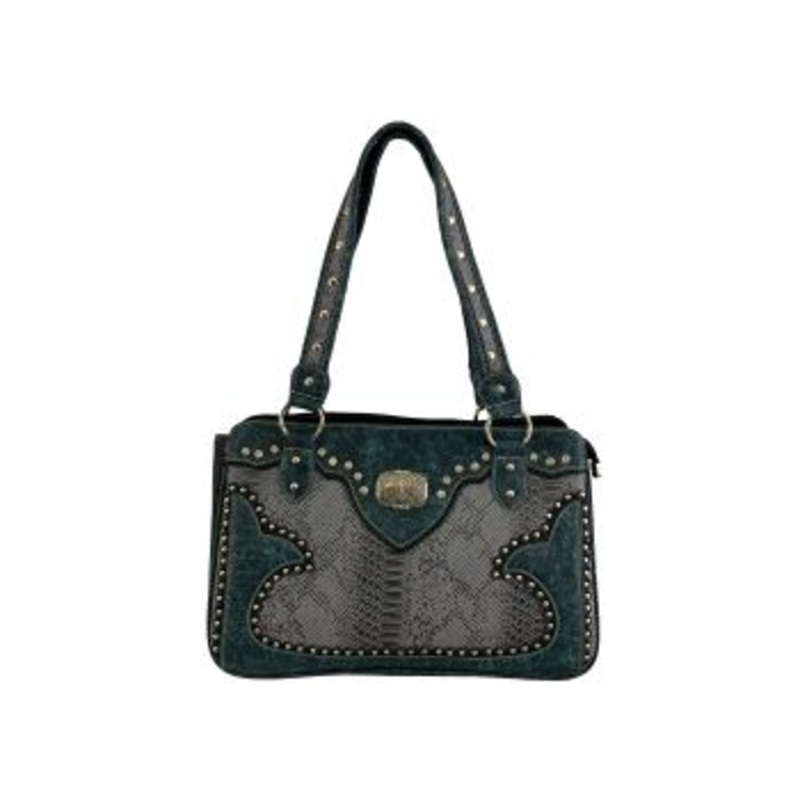 #BA2688-B: Teal PU leather handbag with gray snakeskin inlays