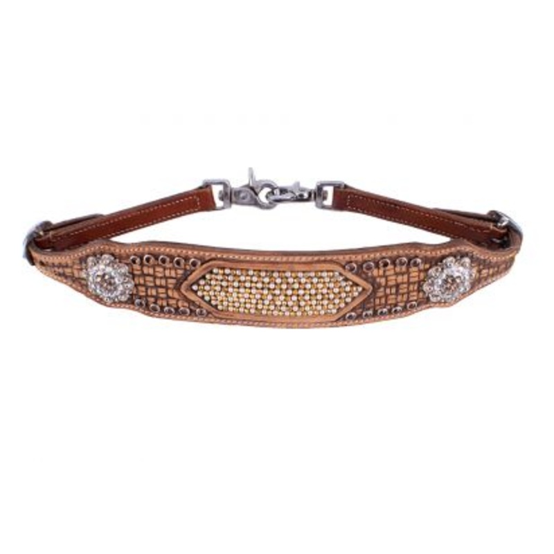 #WS-22: Showman  wither strap with gold and pearl beaded inlay