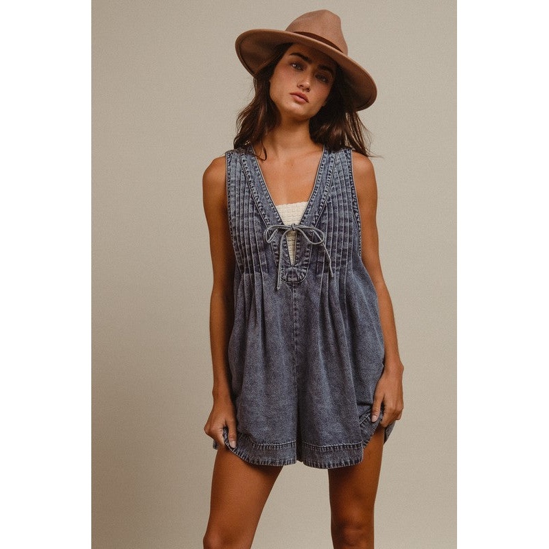 MINERAL WASHED PINTUCK ROMPER WITH SIDE POCKET