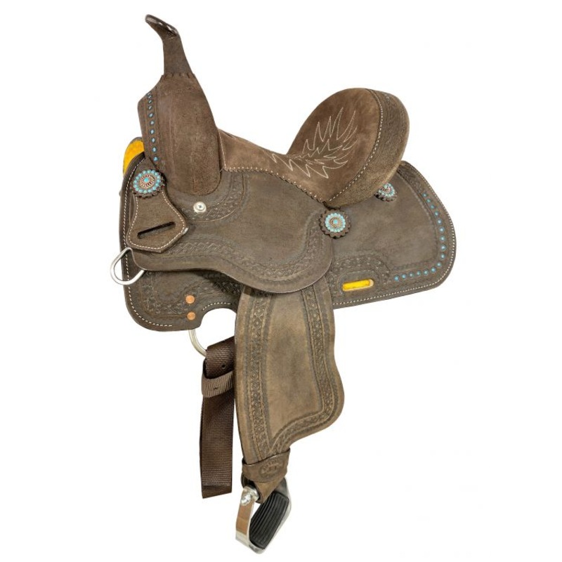10″ Barrel Style Saddle Oiled Rough Out Leather Teal Buckstitch-FREE SHIPPING
