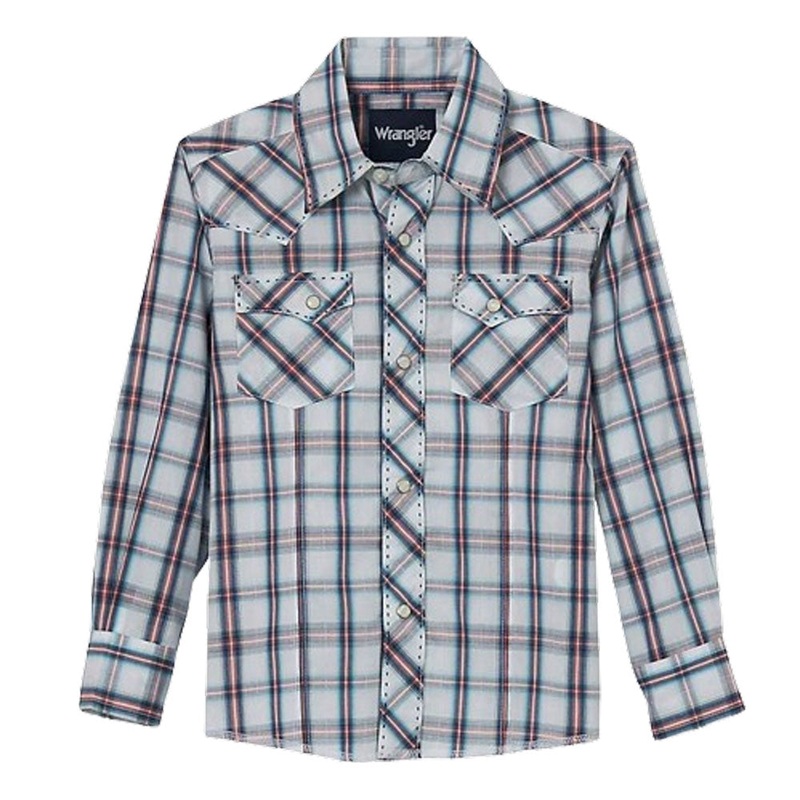 112344825 Wrangler Boys Western Fashion Long Sleeve Snap Shirt – Pale Grey