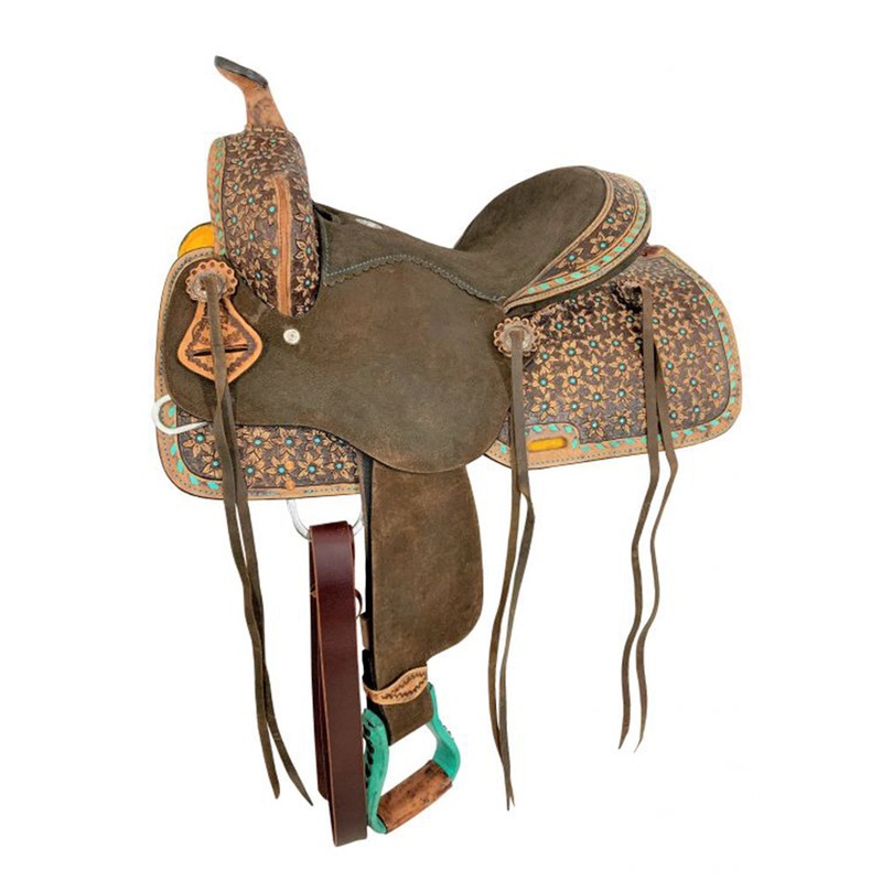13″ Double T Barrel Style Saddle with Teal Flower and Buckstitch Accents