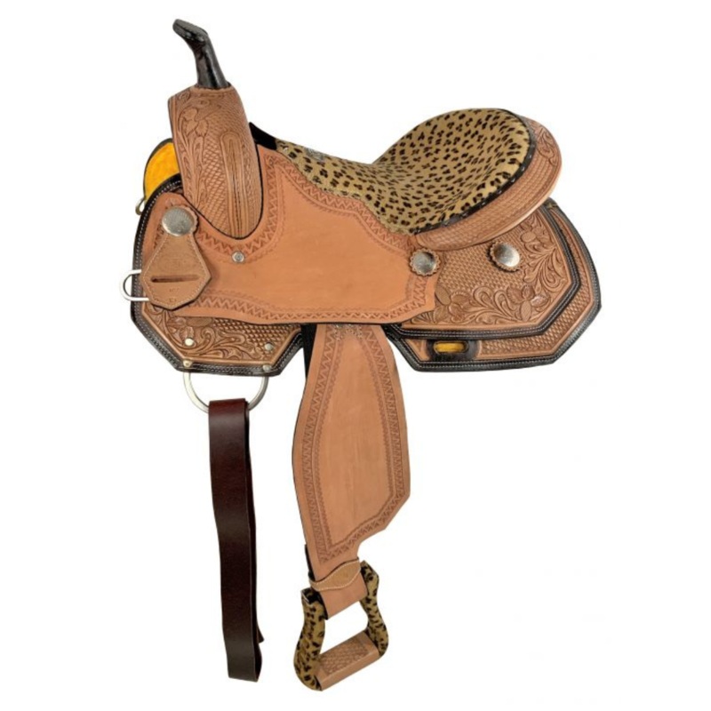 15″ Double T  combo basketweave and floral tooling Barrel saddle Set with Hair on Cheetah Seat