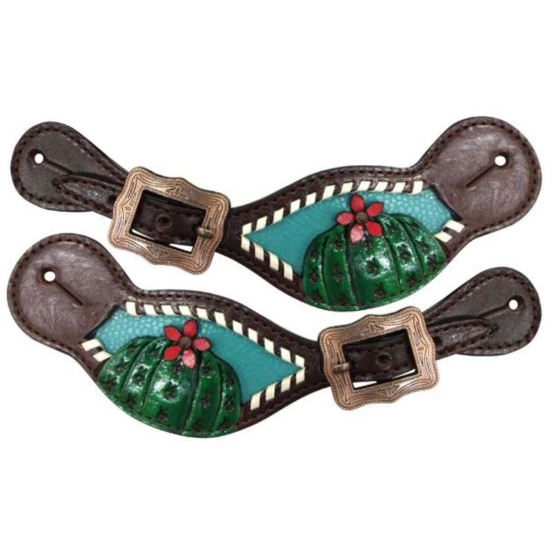 #30959: Showman  Ladies leather spur straps with painted cactus and flower
