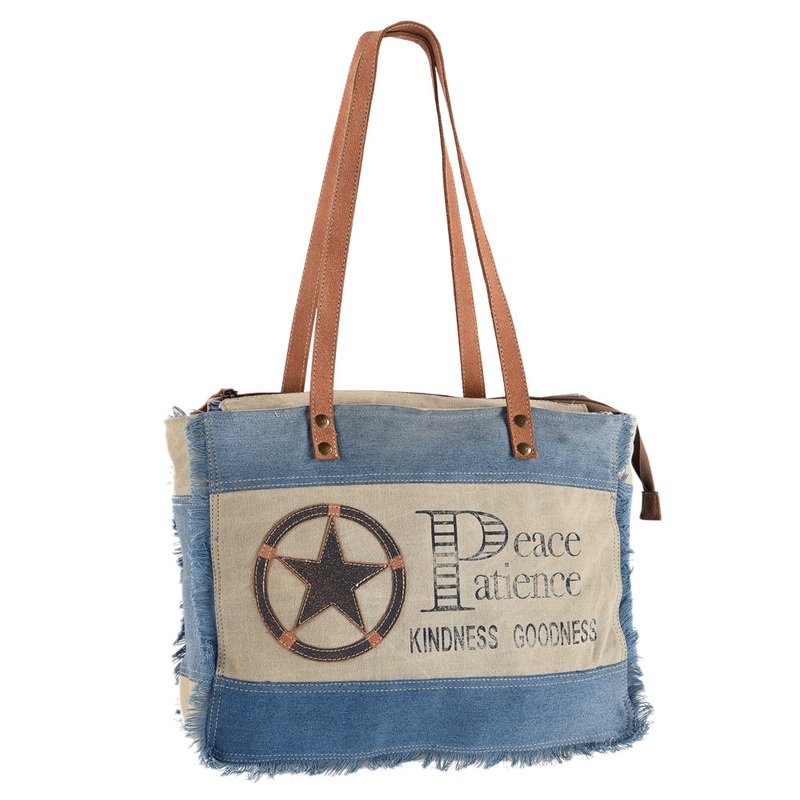 OHLAY KB529 TOTE Upcycled Canvas 100% Cotton Demin Genuine Leather women bag western handbag purse