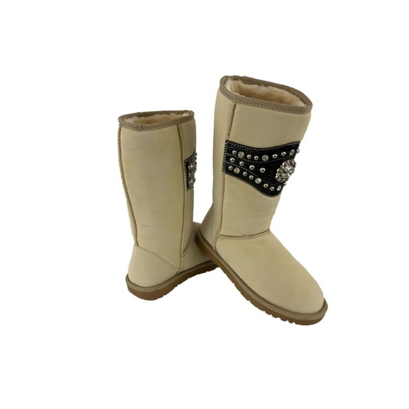 #BA3332-A: Sand Color Suede Tall Boot with Gator Accented with Crystal Concho