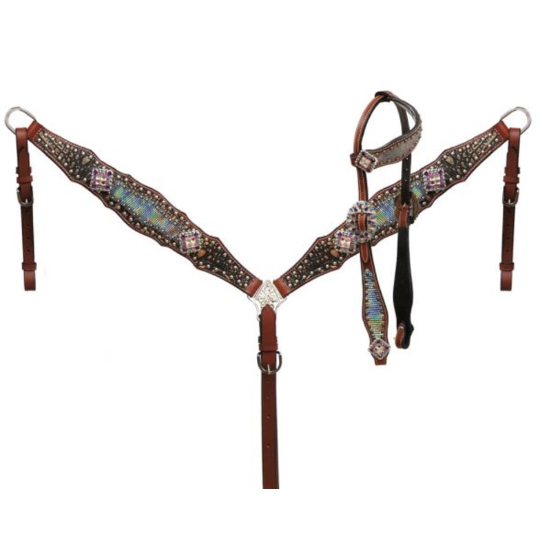 #85034: Showman  Holographic snake print headstall and breast collar set