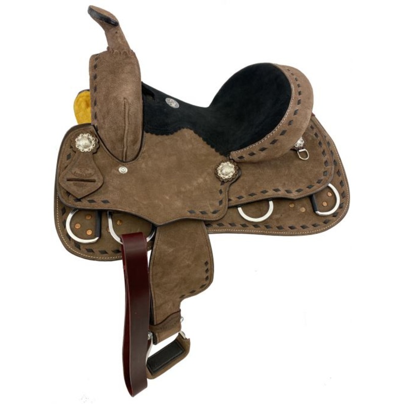 #1585412: 12″ Double T Youth Pleasure style saddle with black suede seat and buckstitch trim