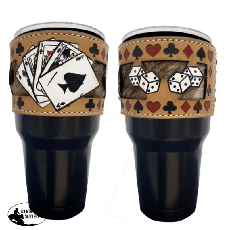 178540 30 oz Insulated Black Tumbler with Removable Argentina Cow Leather Sleeve – Royal Flush/Dice