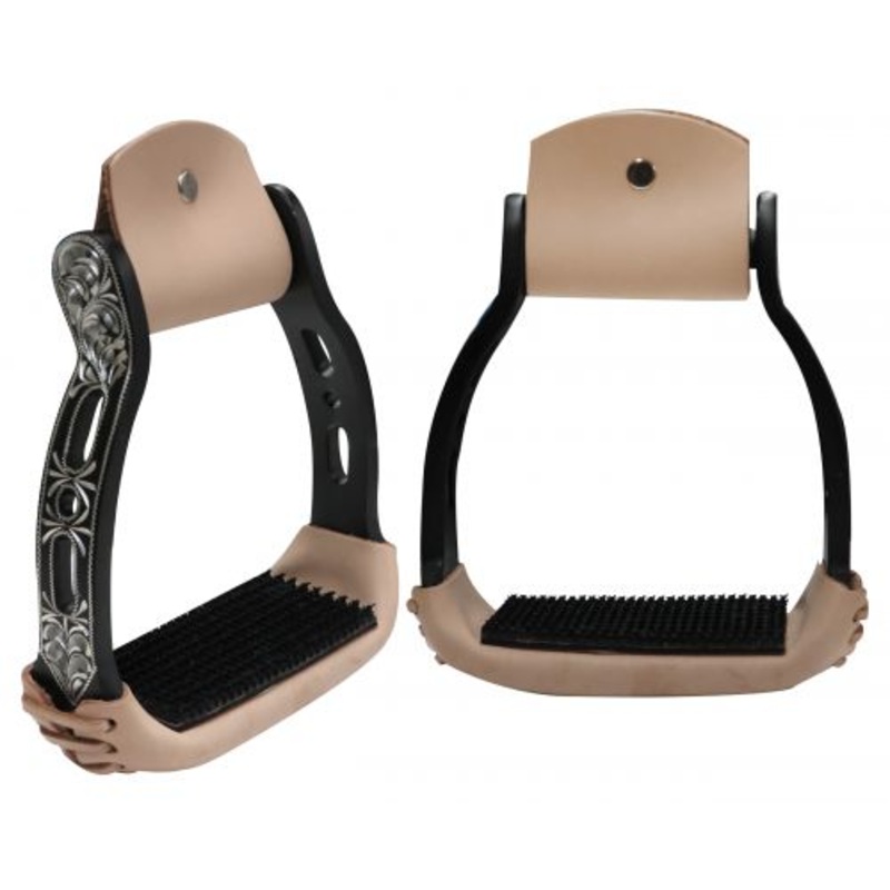 #2212653K: Showman  Light weight black aluminum stirrups with engraved and cut out design