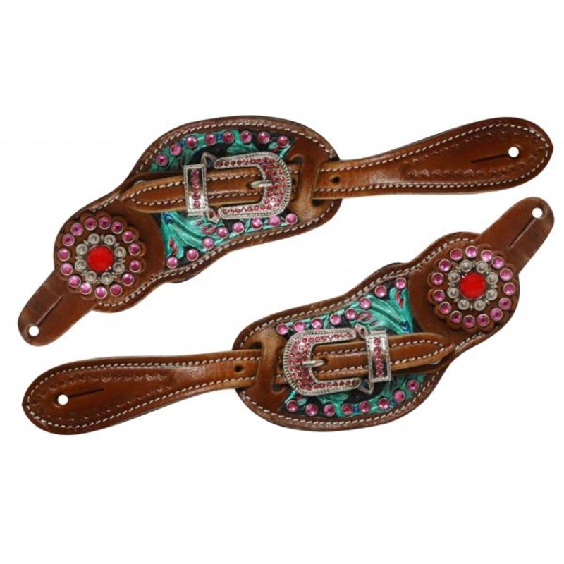 #9091: Showman  Ladies size floral tooled spur straps with metallic paint and pink crystals