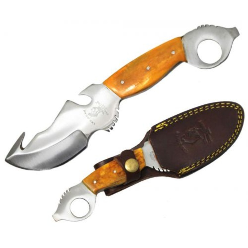 #BC-806-YBN: Bone Collector Gut Hook Blade Skinning Hunting Knife with Leather Sheath