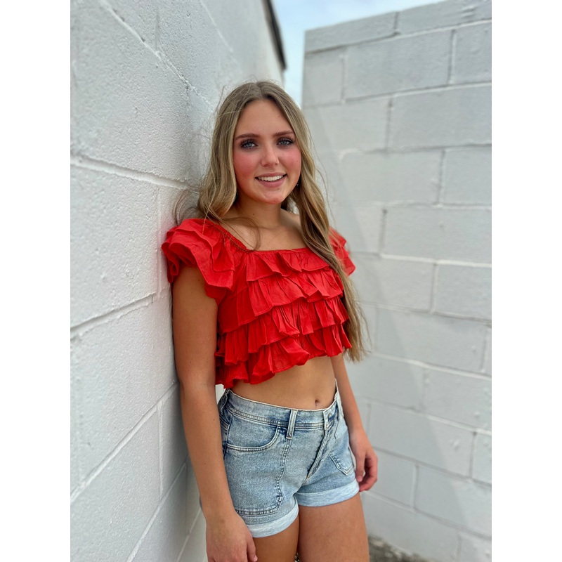 Cotton Voile Ruffle Crop Blouse Red/Orange