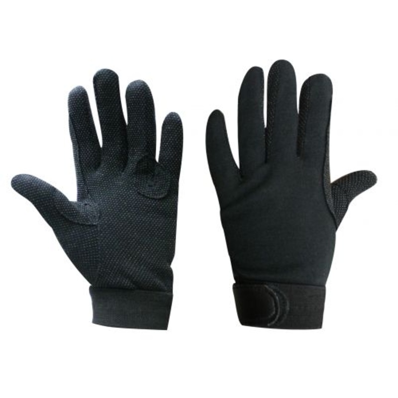 #64336: Breathable cotton knit reinforced riding gloves with pebbled palms and Velcro closure