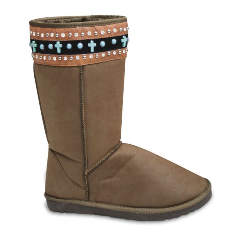 #BA3344-C: Brown suede tall boot with black embossed camel colored leather stripe with crystal rhin