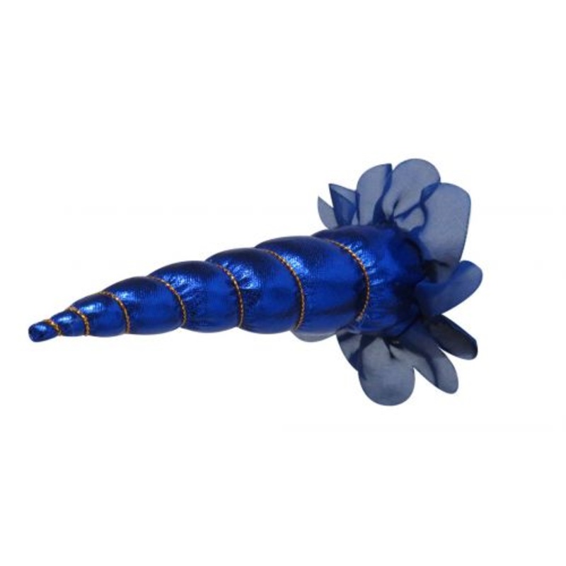 #SP2017-002D: 6″ Metallic blue clip-on unicorn horn with gold lacing