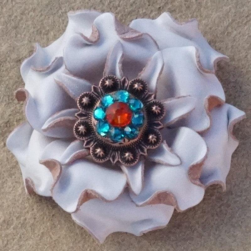 White Gardenia Flower With Copper Fire Opal and Teal  1″ Concho