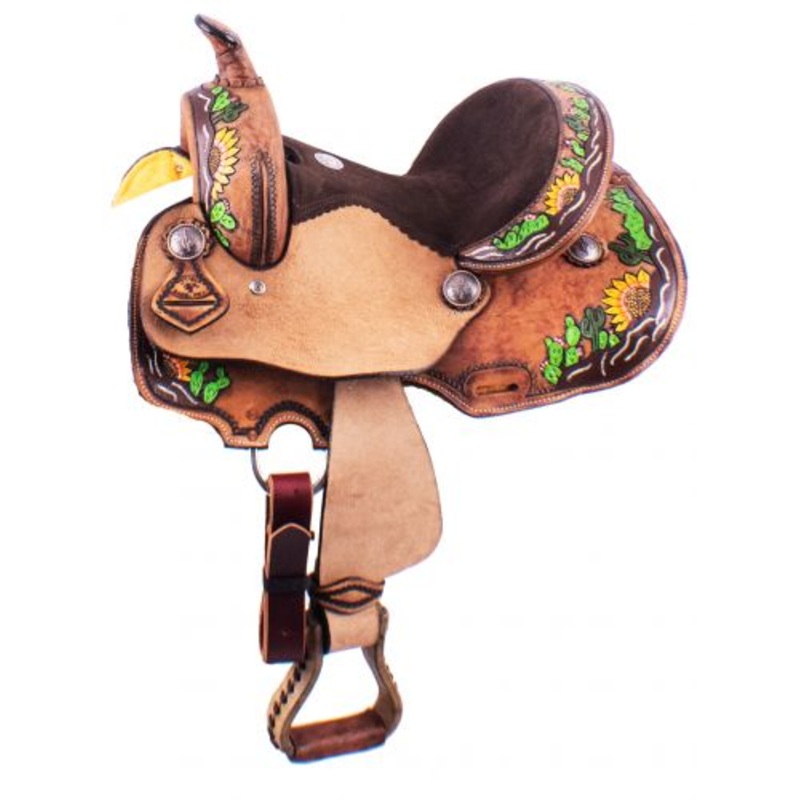 #1585312: 12″ Double T Barrel Saddle – Sunflower & Cactus