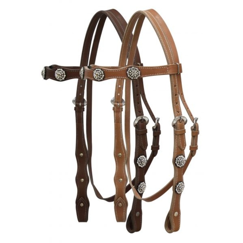 #7792: Leather double stitched headstall with clear rhinestone conchos