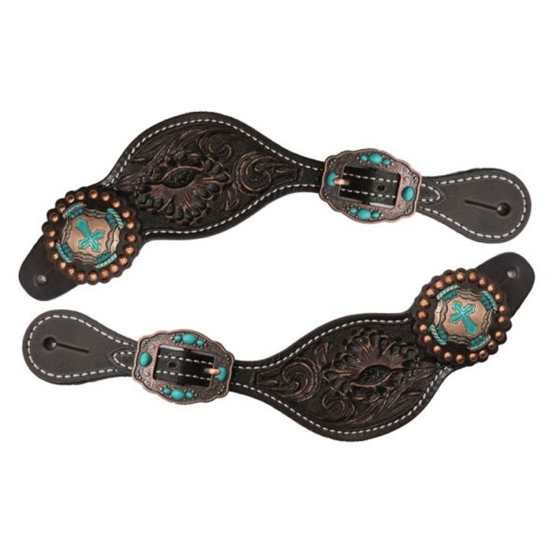 #30846: Showman  Ladies Tooled leather spur straps with vintage cross conchos