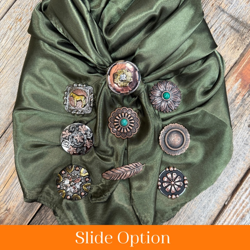 35X35″ Solid Olive Wild Rag / Scarf WRS28 – Western Concho Wild Rag Slides – Assorted